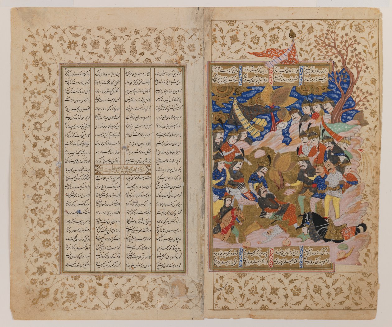 Página dupla com ilustração de um manuscrito Shahnamah, de finais do século XVII (tinta, guache e ouro em papel pergaminho) de Persian School