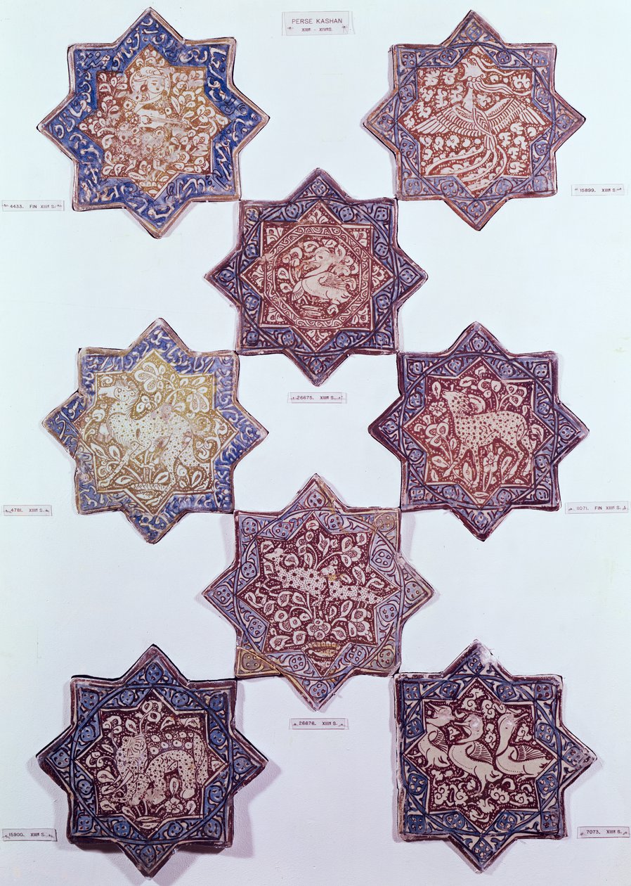 Oito azulejos decorados com animais, do século XIII ao XIV (cerâmica) de Persian School