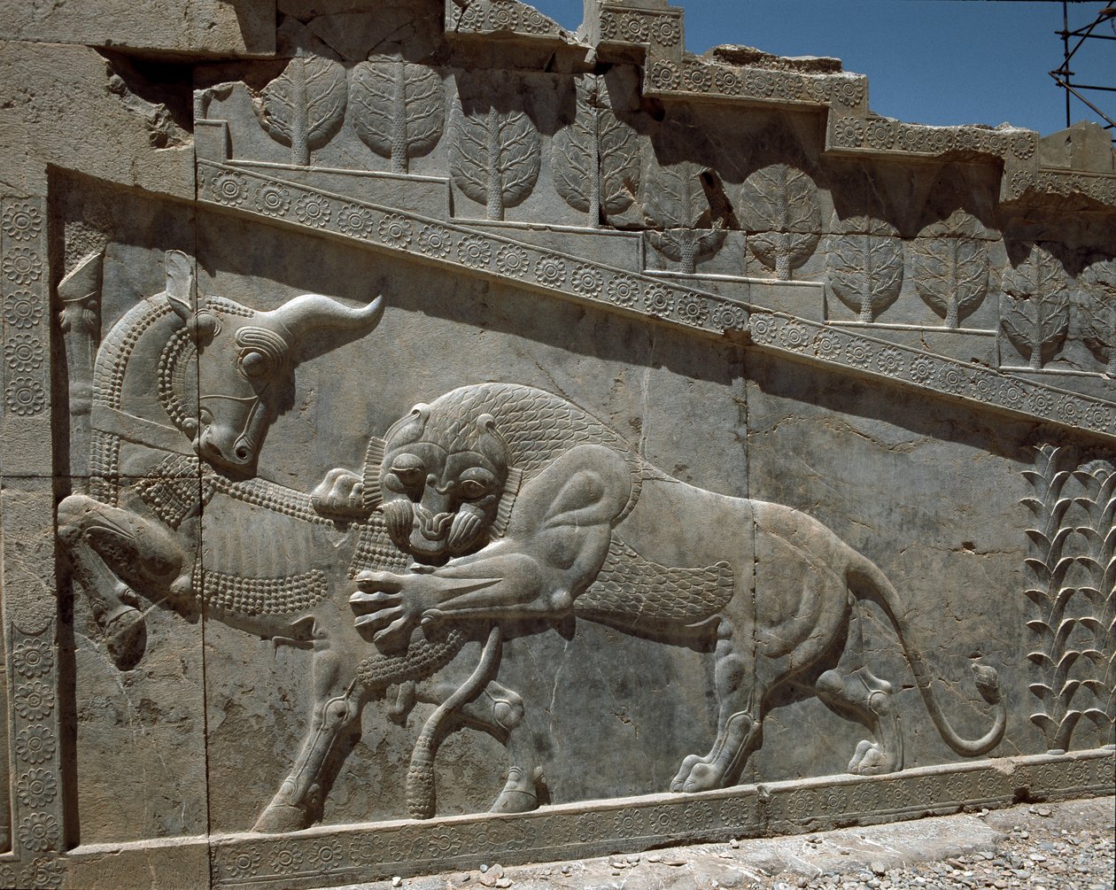 Luta entre um touro e um leão - Relevos da escadaria oriental dos Apadanos, século VI a.C. de Persian School