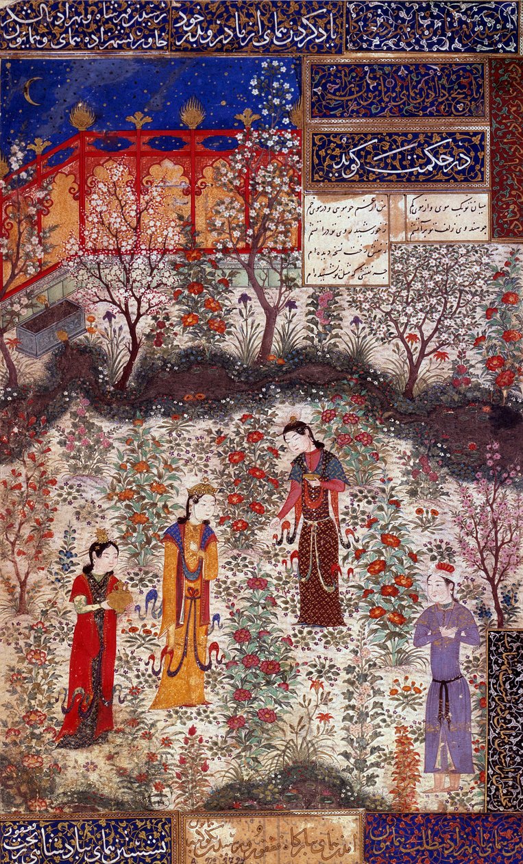 Primeira entrevista do Príncipe Houmay e da Princesa Houmayoun da China. Miniatura tirada de um poema de Kuradjou Kirmani realizado pela escola de Herat, por volta de 1430. Irão. Artes Decorativas, Paris de Persian School