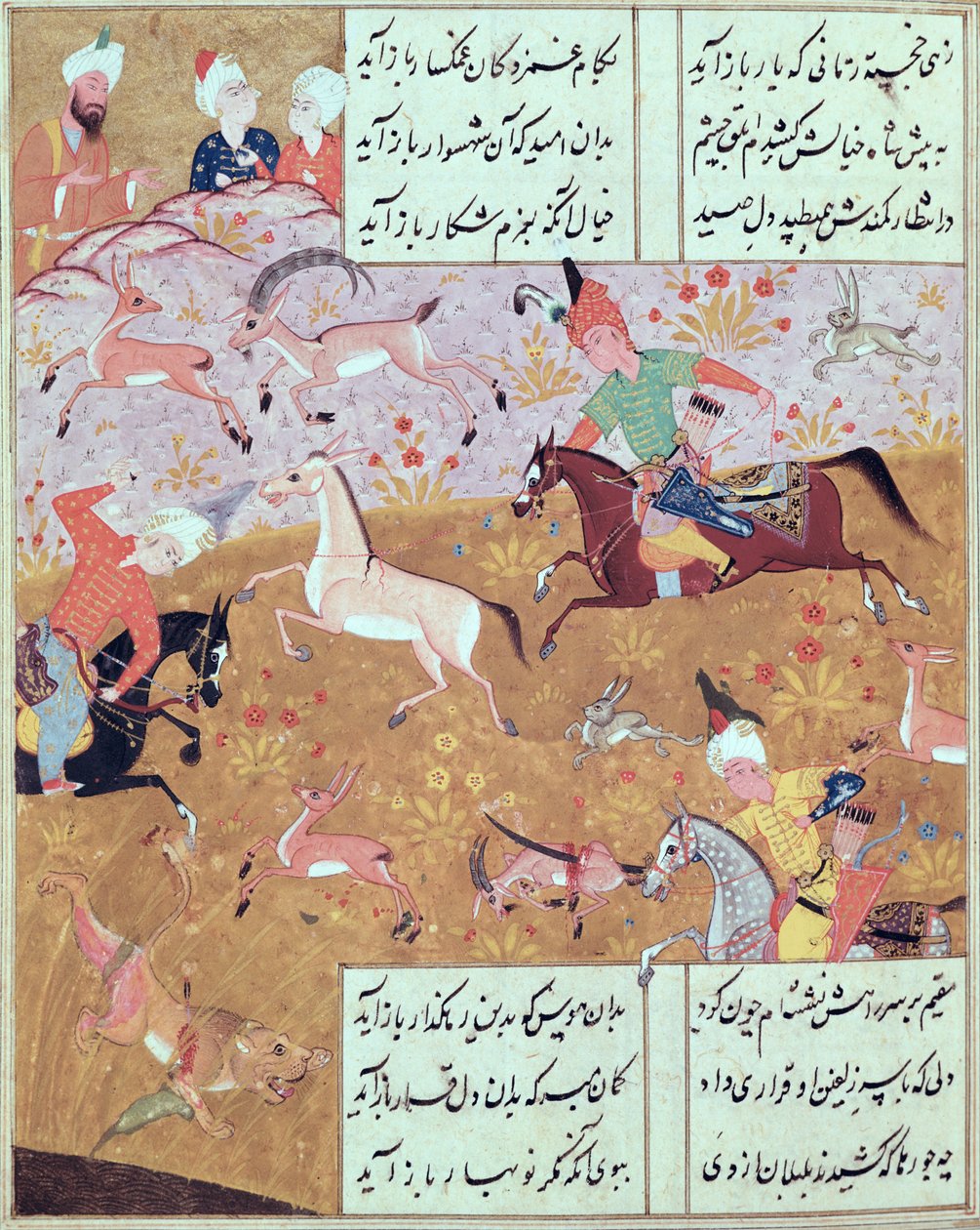 Fol.65r The Royal Hunt, de um livro de poemas de Hafiz Shirazi (c.1325-c.1388) (guache sobre papel) de Persian School