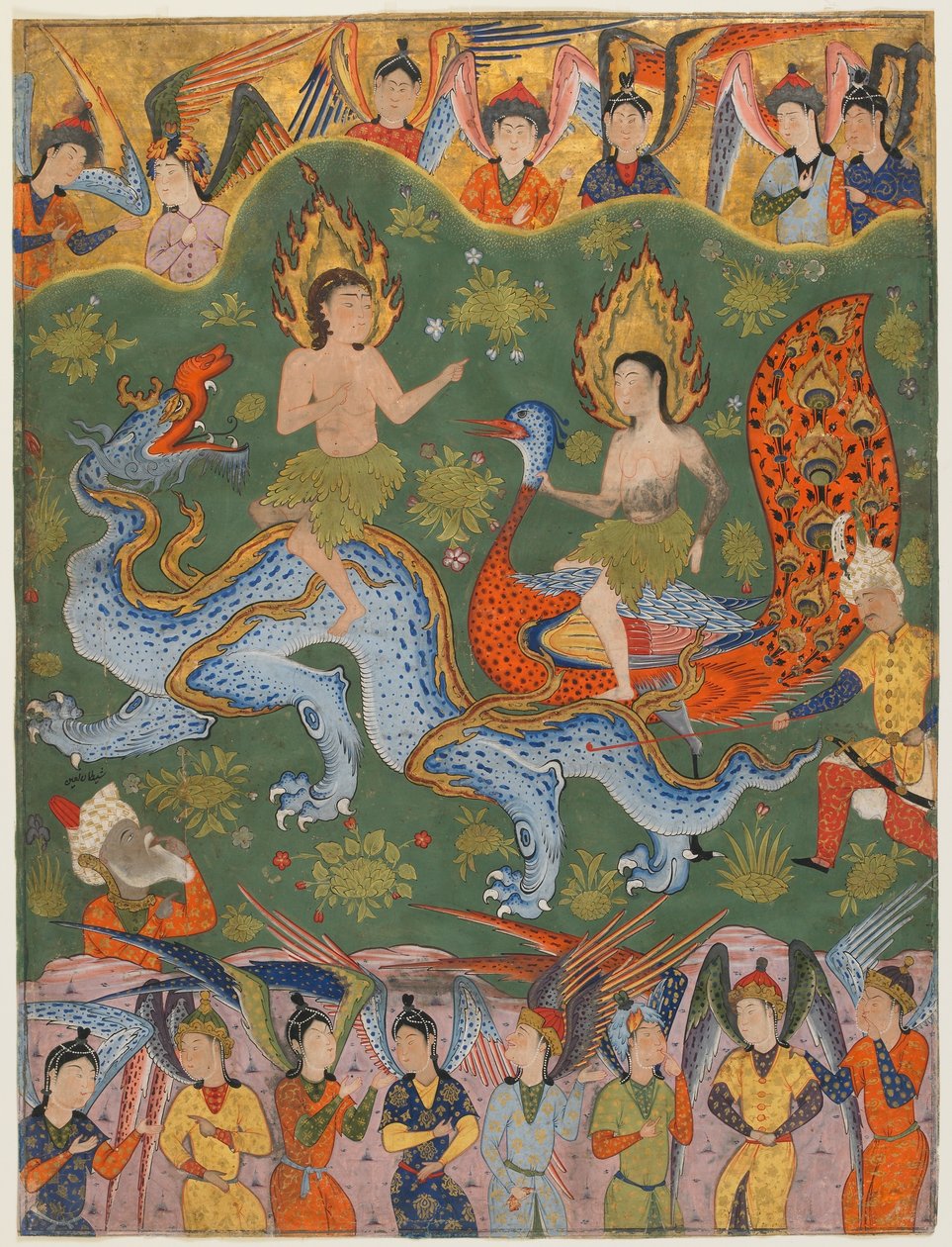 Folio de um Falnama (Livro dos Omens); verso: Expulsão de Adão e Eva, Qazvin, Irã, período safávida, meados dos anos 1550 (aguarela opaca, tinta e ouro sobre papel) de Persian School