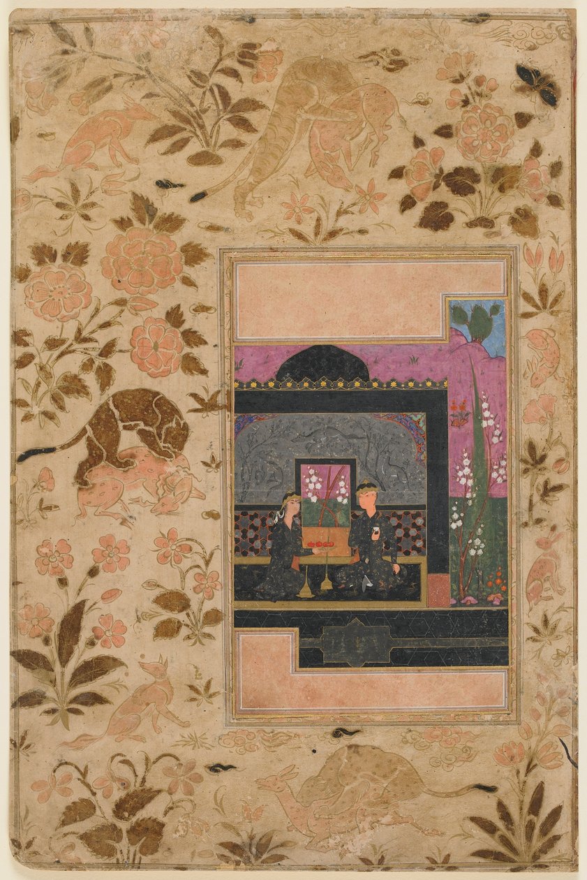 Folio de um paykar Haft; Bahram Gur e a Princesa no Pavilhão Negro, Qazwin, Irã, c, 1590 (aguarela opaca, tinta e ouro sobre papel) de Persian School