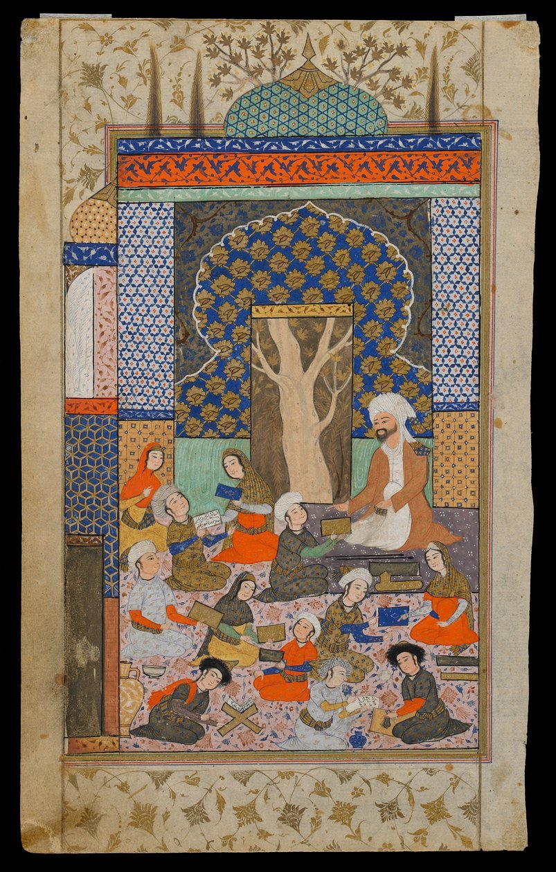 Folio de um Khamsa (Quinteto) por Nizami; recto: Layla e Majnun na escola, Irã, período safávida, c.1600-10 (aquarela opaca, tinta e ouro sobre papel) de Persian School