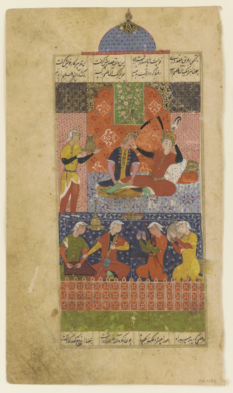 Fólio de um Khamsa: Bahram Gur e a princesa no pavilhão vermelho, c.1560 de Persian School
