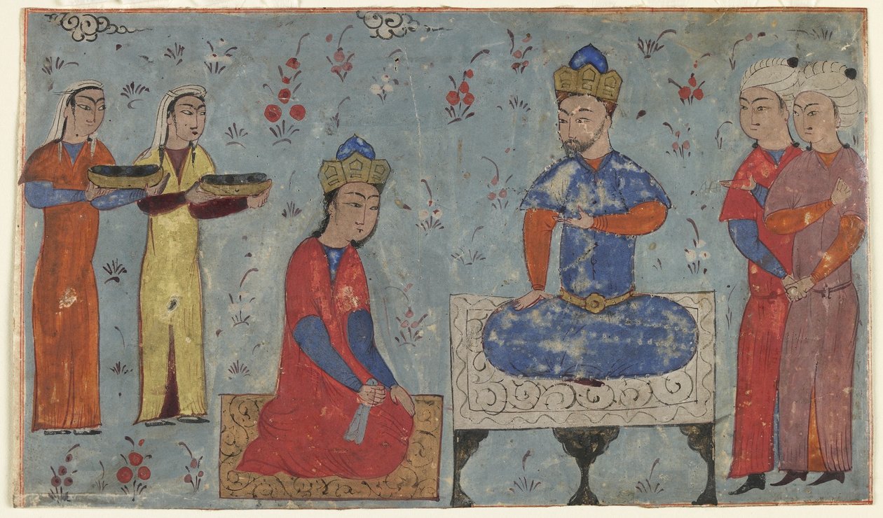 Fólio de um Shahnama (Livro dos Reis) de Firdawsi (d.1020); reto: Sindukht Antes de Sam, Irã (aquarela opaca, tinta e ouro no papel) de Persian School