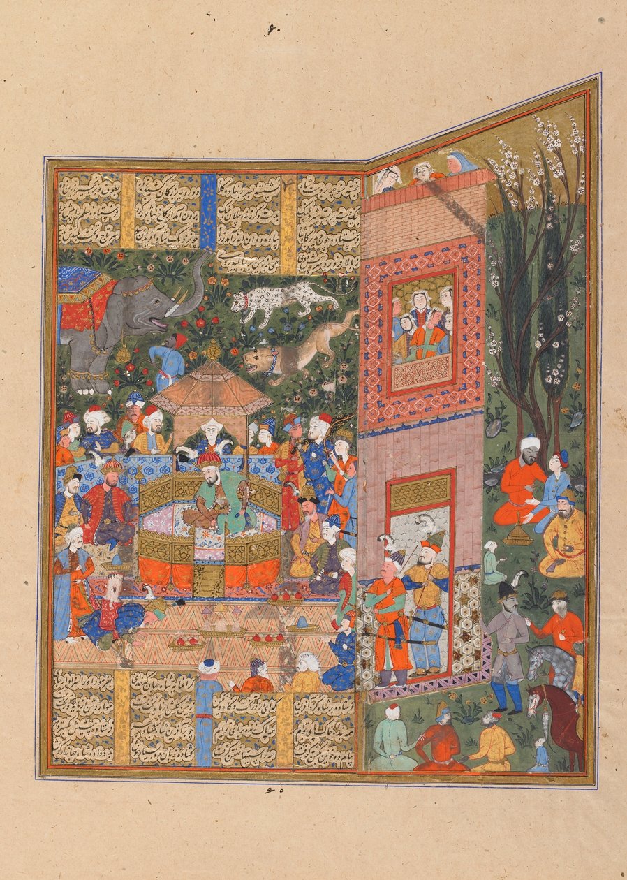 Fólio de um Shahnama (Livro dos Reis) de Firdawsi (d.1020); verso: Os enviados da Salm e Tur antes de Faridun, Shiraz, Irã, período Saravid, c.1560 (aquarela opaca, tinta e ouro sobre papel) de Persian School