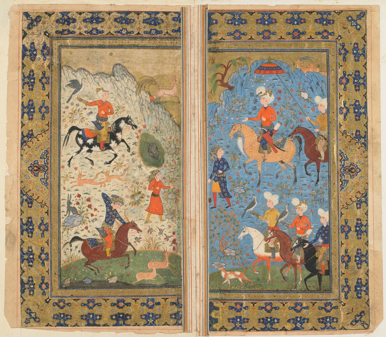Fólio de um Shahnama (Livro dos Reis) de Firdawsi; A Royal Hunt, Irã, c.1590-1600 (aquarela, tinta e ouro opacos sobre papel) de Persian School