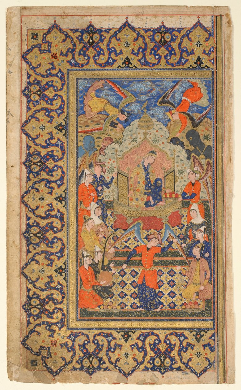Folio de um Shahnama (Livro dos Reis) de Firdawsi; recto: Bilqis Enthroned; verso: texto do prefácio, Shiraz, Fars, Irã, período Safávida, c.1590-1600 (aquarela opaca, tinta e ouro sobre papel) de Persian School