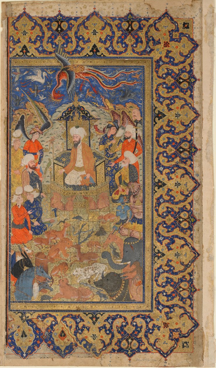 Folio de um Shahnama (Livro dos Reis) de Firdawsi; verso: Sulayman Entronizado, Shiraz, Fars, Irã, período safávida, c.1590-1600 (aquarela opaca, tinta e ouro sobre papel) de Persian School