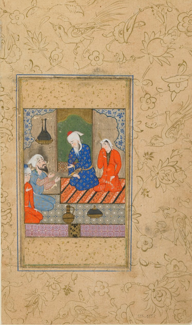 Folio de um Yusuf u Zulaykha por Jami (d. 1492); Zulaykha e um homem idoso ouvir uma conversa, possivelmente Mashhad, Irã, c.1560-70 (aquarela opaca, tinta e ouro no papel) de Persian School