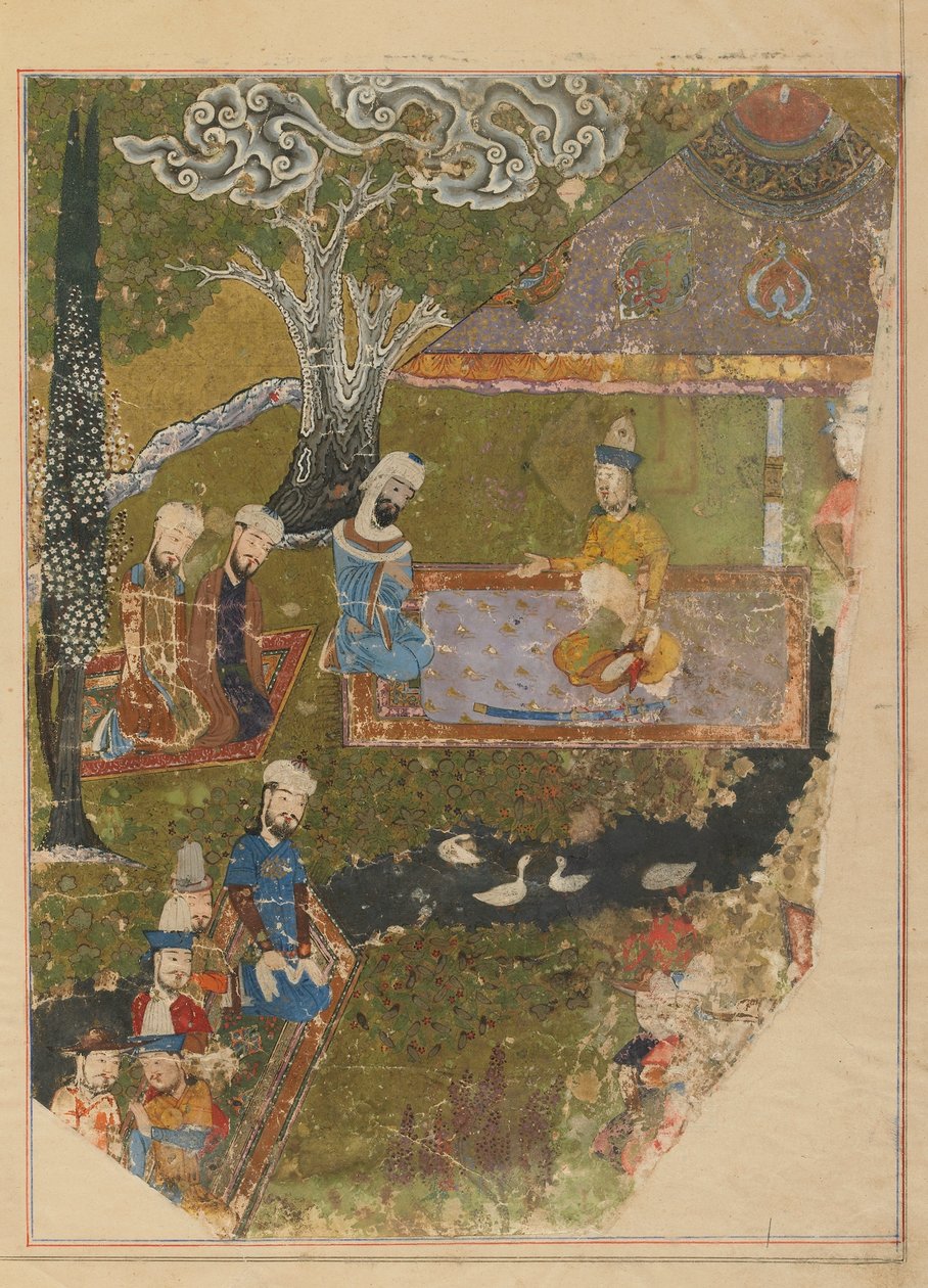 Folio de um Zafarnama; verso: Timur concede uma audiência na ocasião de sua ascensão ao trono em Balkh, Shiraz, Irã, período Timurid (aguarela opaca, tinta e ouro no papel) de Persian School