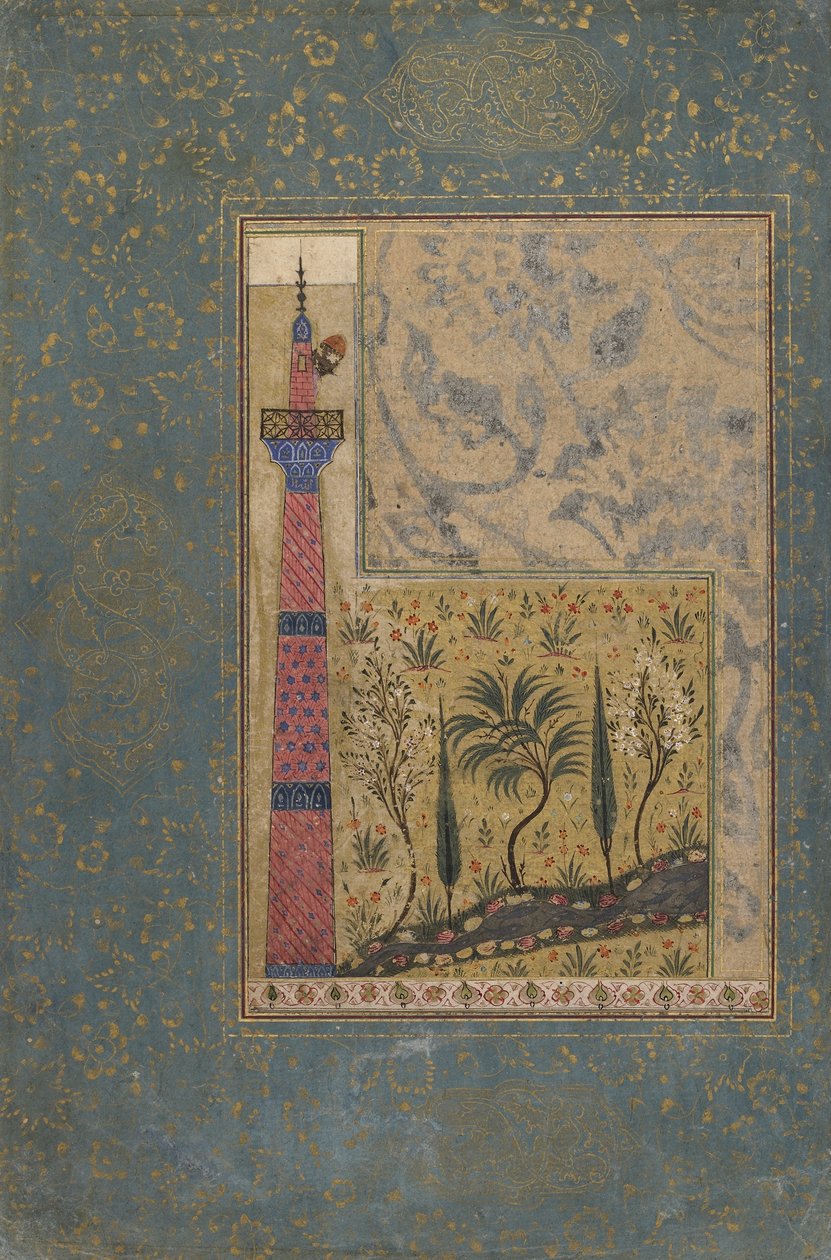 Folio de uma antologia; Homem em cima de um minarete, Irã, 1417-18 (aquarela opaca e ouro sobre papel) de Persian School