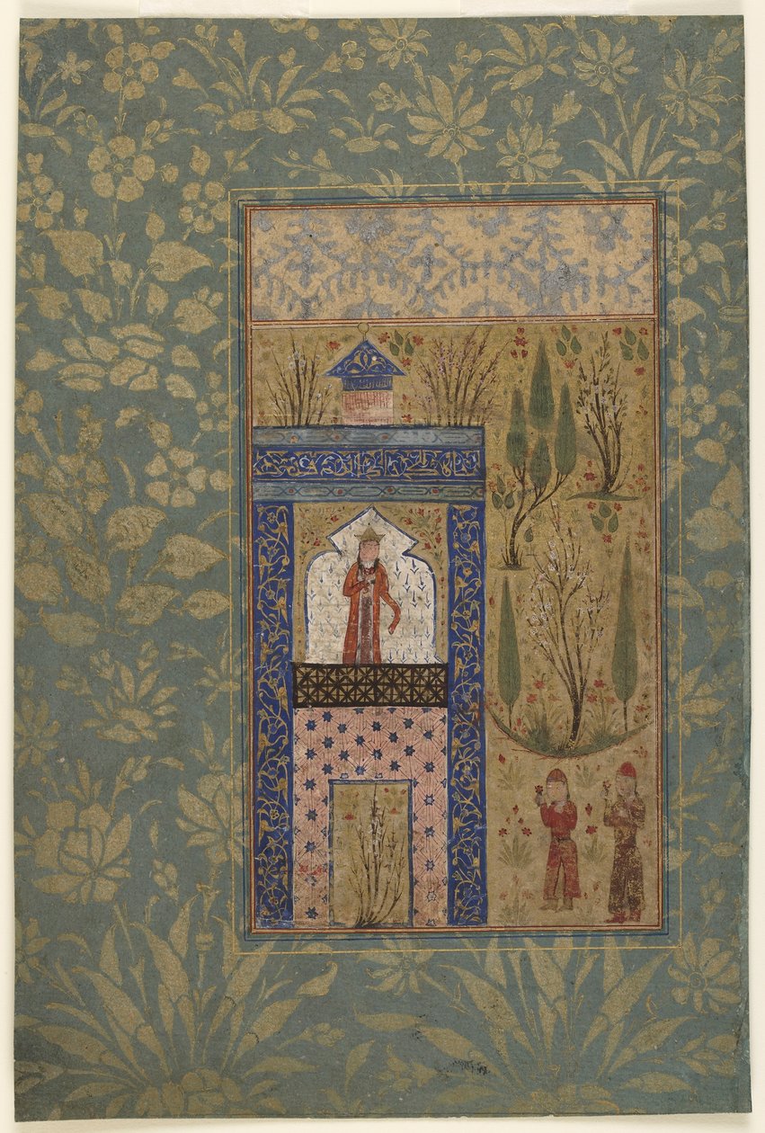 Folio de uma antologia; Dois jovens antes de uma princesa em uma janela, Irã, 1417-18 (aquarela opaca e ouro sobre papel) de Persian School