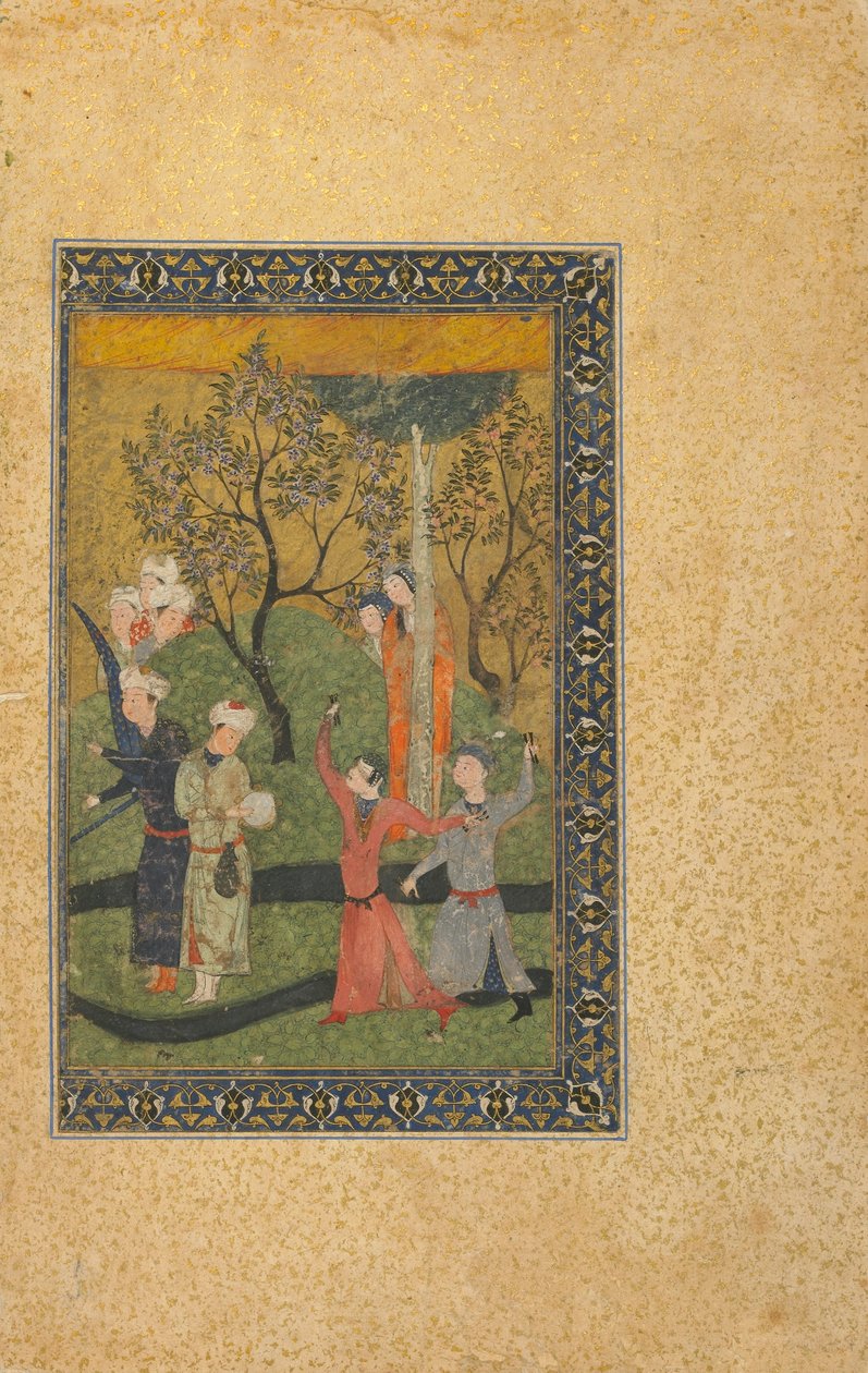 Fólio de um texto não identificado; Um príncipe e uma princesa cercados por cortesãos em um jardim, Irã, período turcomano, c.1480 (aquarela, tinta e ouro opacos sobre papel) de Persian School