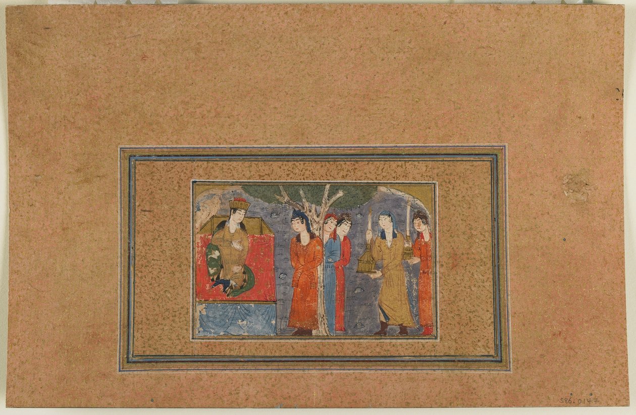 Fólio de um texto não identificado; Princesa Enthroned, Irã, c.1440-50 (aquarela, tinta e ouro opacos sobre papel) de Persian School