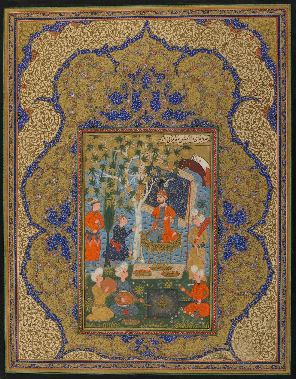 Fólio de um texto não identificado; Um Governante Entronizado, possivelmente Khurasan, Irã, c.1590 (aguarela opaca, tinta e ouro sobre papel) de Persian School