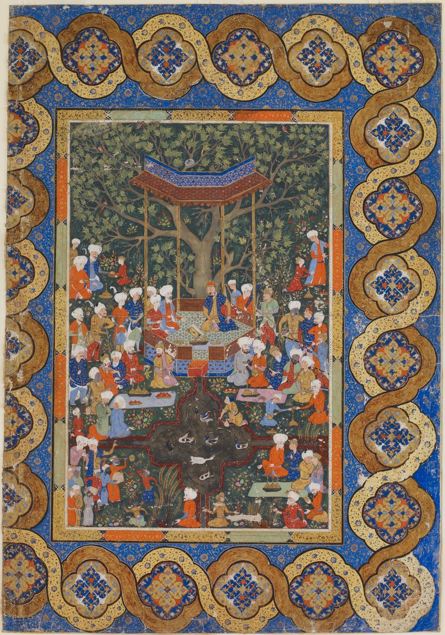 Fólio de um texto não identificado; Um governante em um pavilhão de jardim cercado por cortesãos e atendentes (aguarela opaca, tinta e ouro sobre papel) de Persian School