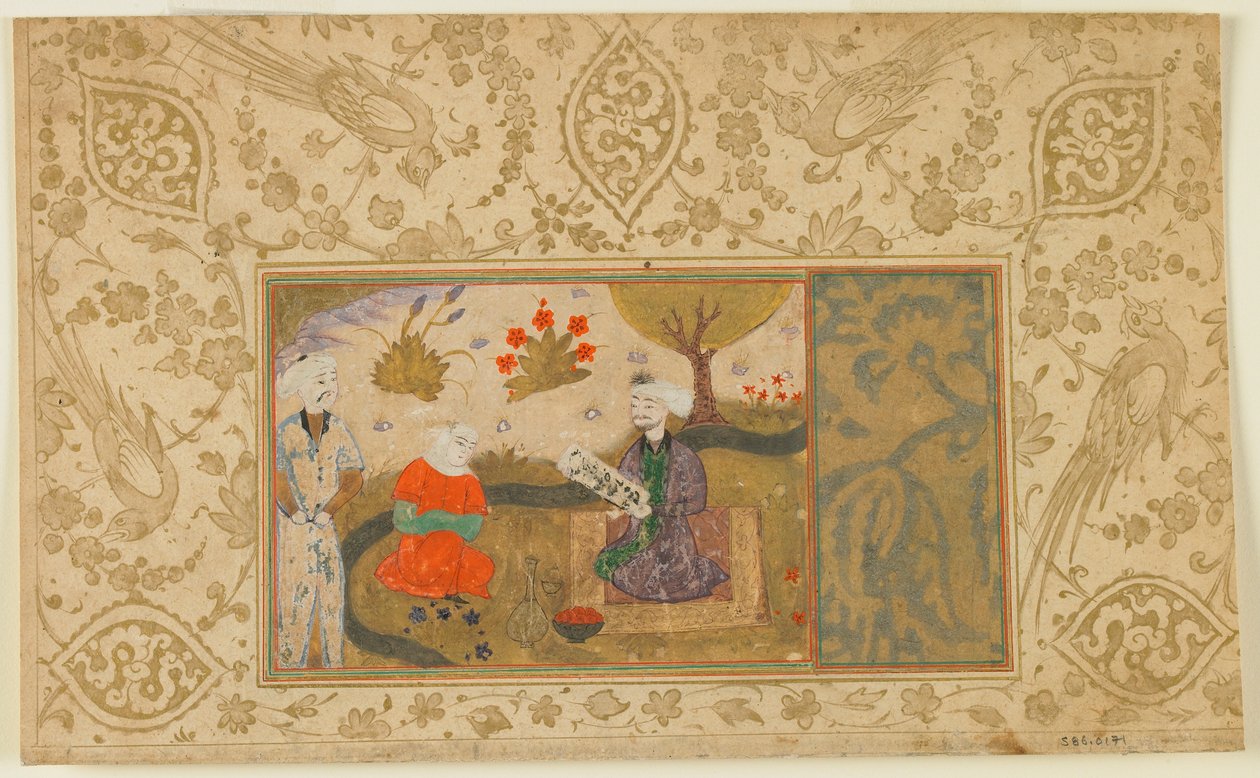 Fólio de um texto não identificado; Uma mulher conversa com um homem sentado por um córrego, Irã, c.1500 (aquarela opaca, tinta e ouro no papel) de Persian School