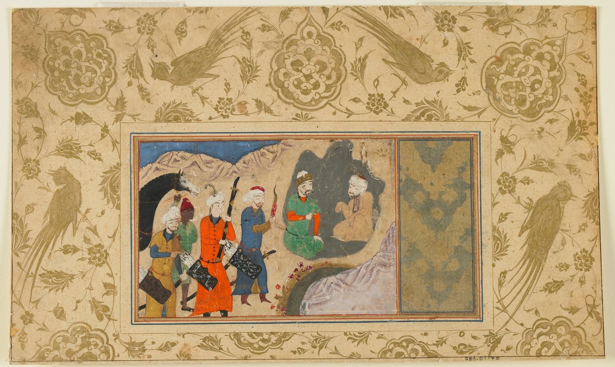 Fólio de um texto não identificado; Iskandar  Visita um Eremita, Irã, c.1500 (aguarela opaca, tinta e ouro sobre papel) de Persian School