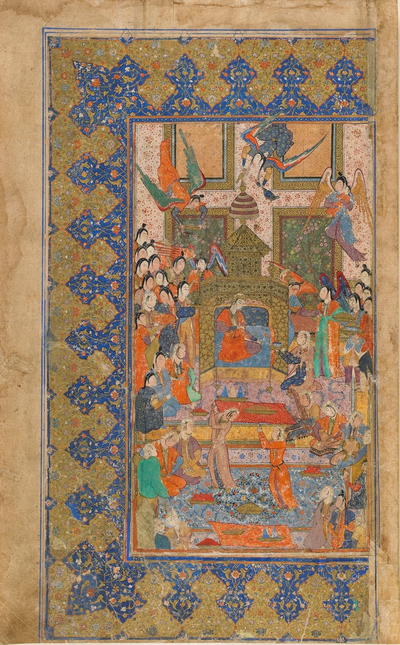 Fólio de um texto não identificado; recto: A Princesa Enthroned, Shiraz, Iran, c.1560 (aguarela opaca, tinta e ouro sobre papel) de Persian School