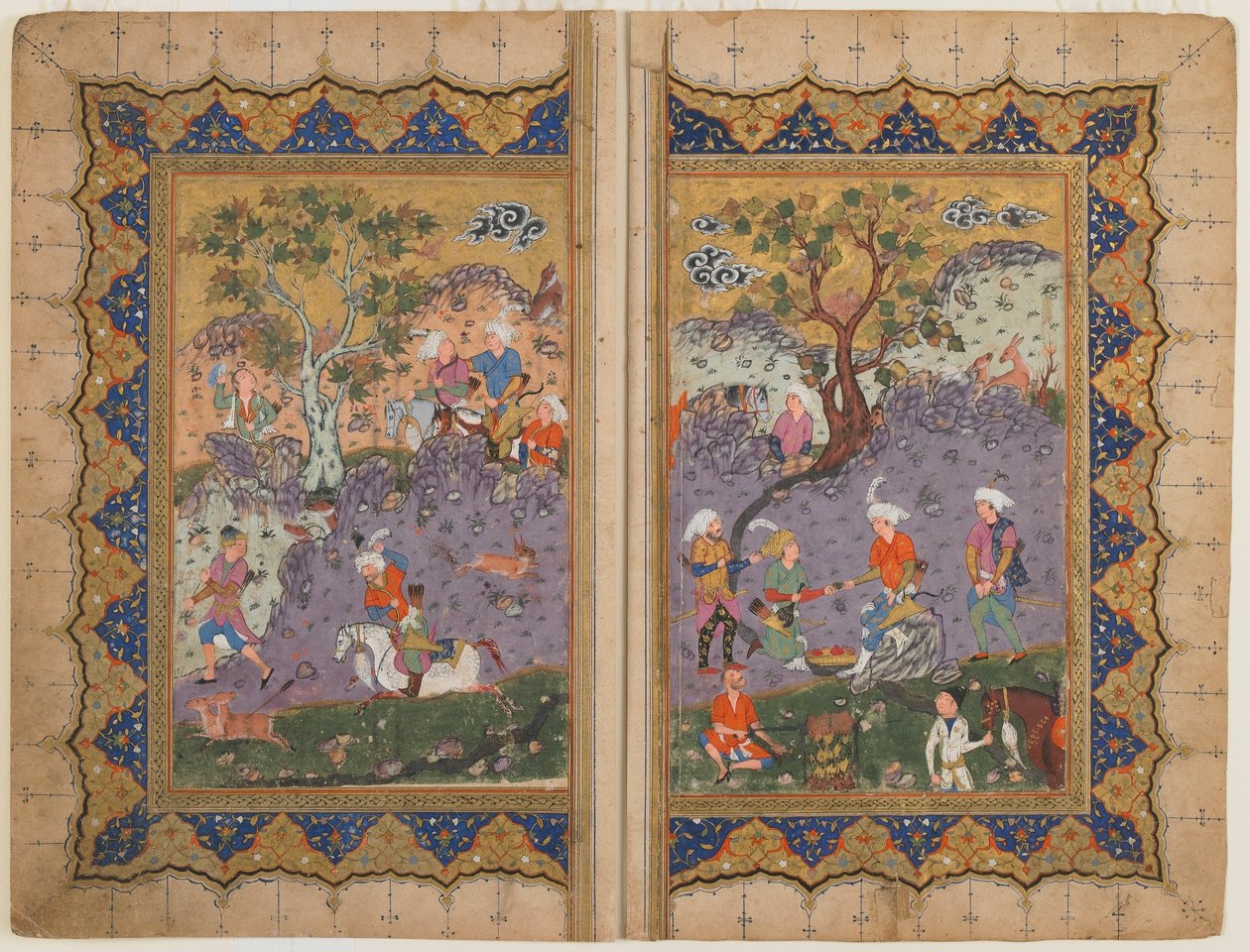 Fólio de um texto não identificado; verso: Um Príncipe sentado em cima de uma rocha cercada por assistentes, Isfahan, Irã, c.1600 (aguarela opaca, tinta e ouro sobre papel) de Persian School