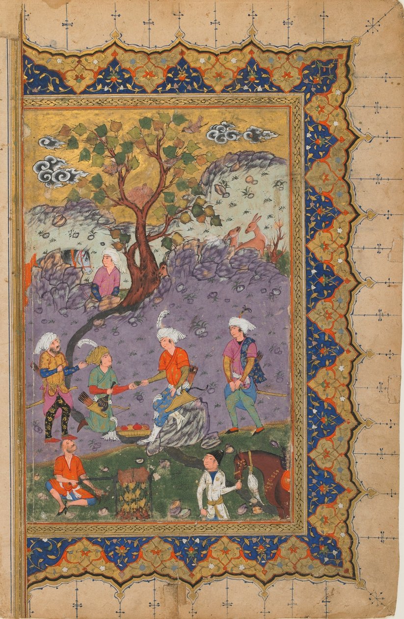 Fólio de um texto não identificado; verso: Um Príncipe sentado em cima de uma rocha cercada por assistentes, Isfahan, Irã, c.1600 (aguarela opaca, tinta e ouro sobre papel) de Persian School