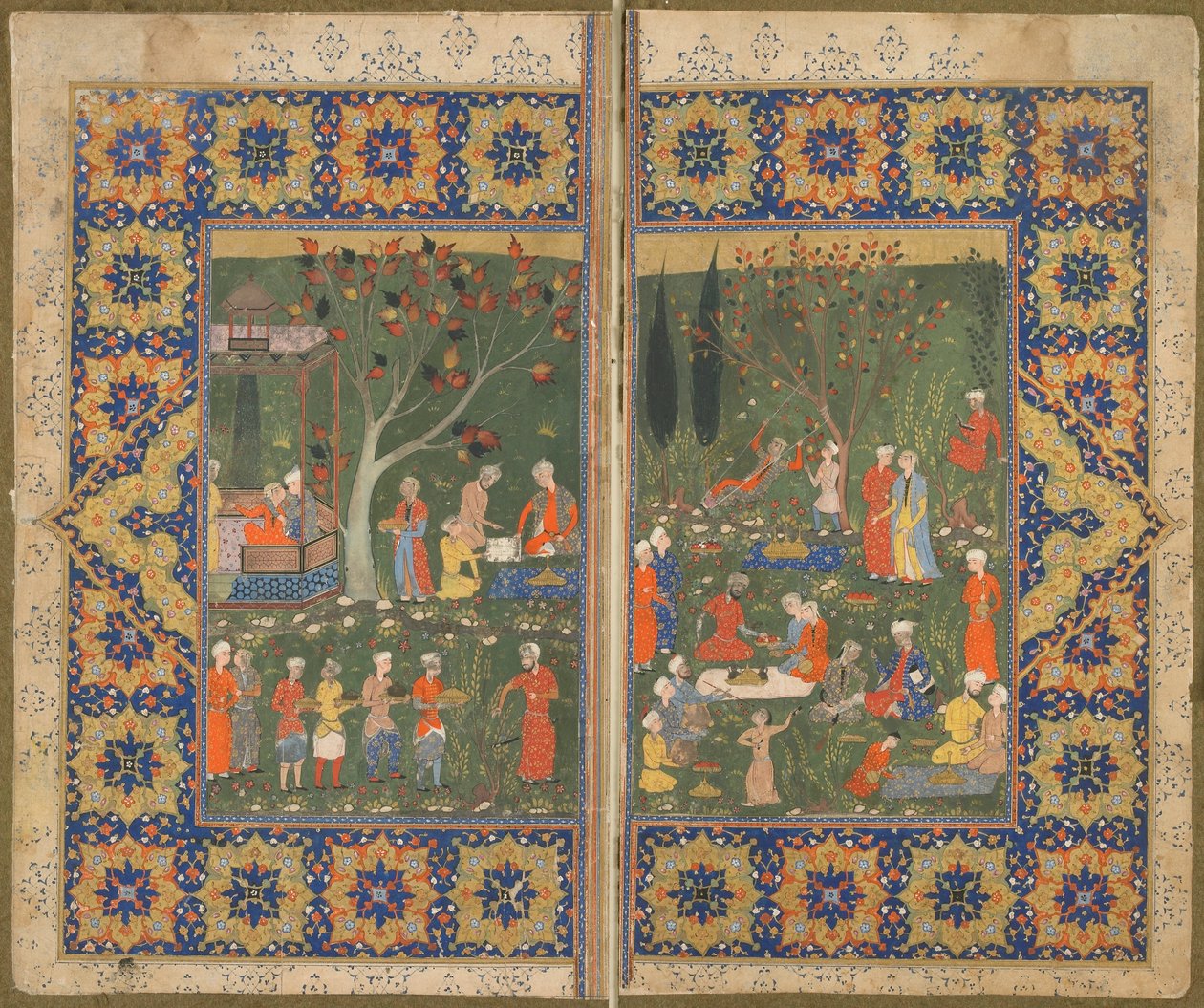 Fólio de um texto não identificado; verso: Uma festa em um jardim, Shiraz, Irã, c.1570 (aquarela opaca, tinta e ouro sobre papel) de Persian School