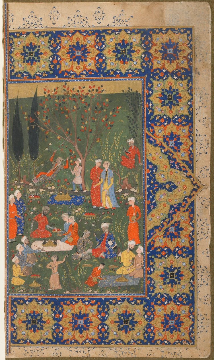 Fólio de um texto não identificado; verso: Uma festa em um jardim, Shiraz, Irã, c.1570 (aquarela opaca, tinta e ouro sobre papel) de Persian School