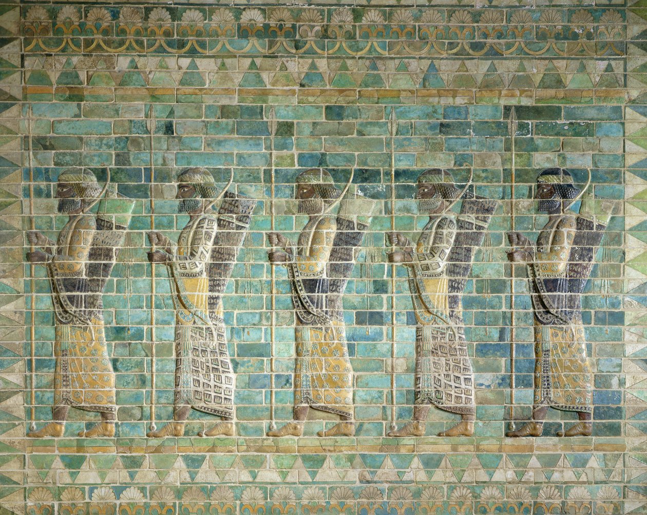 Friso de arqueiros, do Palácio de Dario, o Grande (548-486 aC) em Susa, Irã, Período Aquemênida, c.500 aC (tijolos vidrados) de Persian School