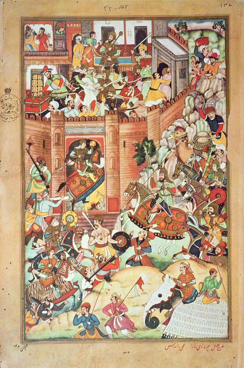 Genghis Khan captura uma cidade chinesa, miniatura da "História Persa de Genghis Khan" completada em 1596 de Persian School