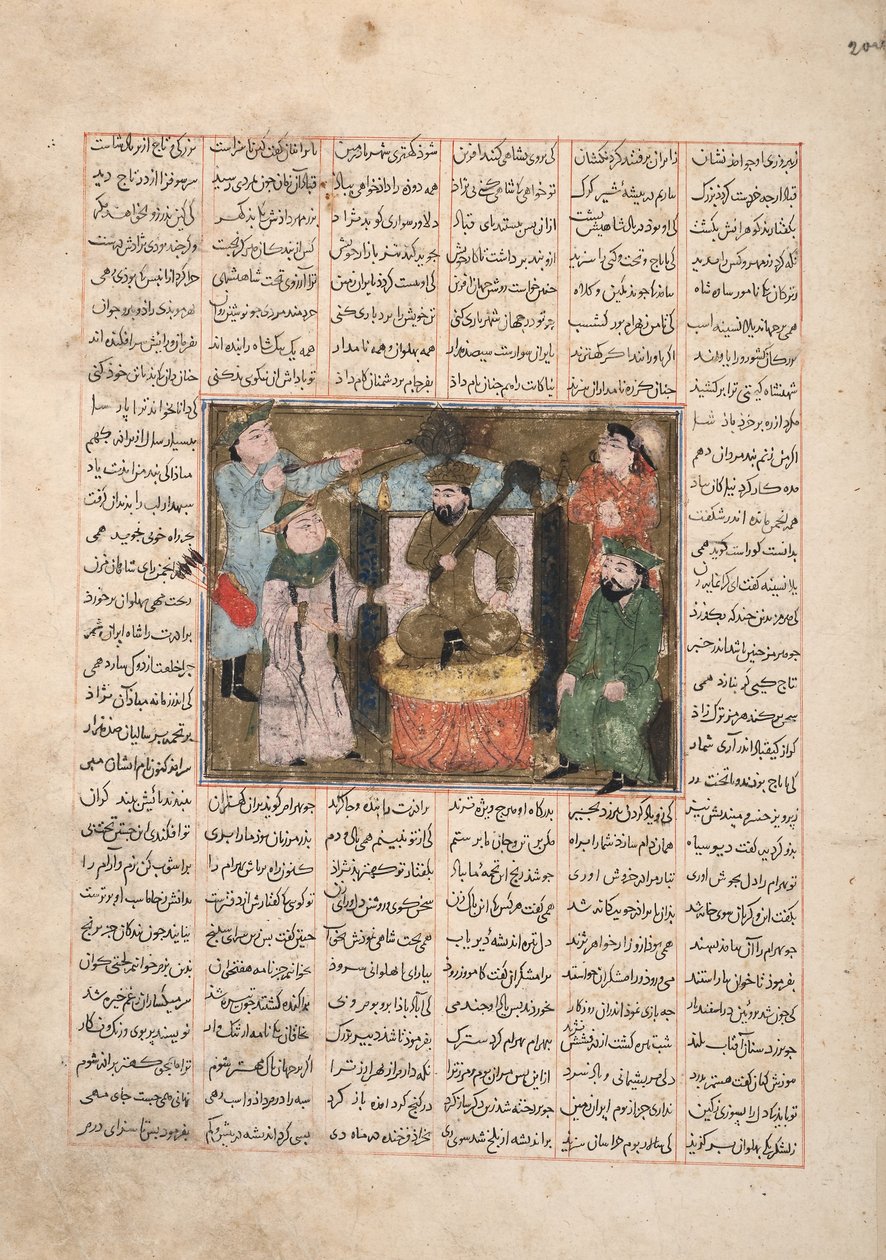 Gordiyeh aconselha seu irmão Bahram Chubineh a não aspirar ao trono persa, c.1330 (wc opaca, ouro e tinta no papel) de Persian School