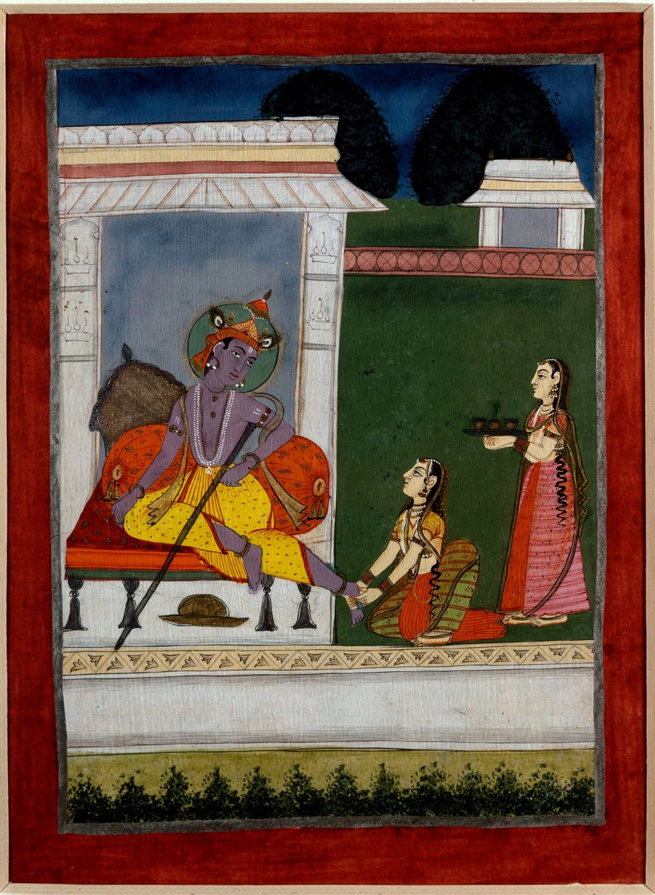 Hinduísmo: "Krishna a descansar" Um próximo tapa os seus pés. Minatura persa da escola indiana do século XVII. Rennes, Museu de Belas Artes de Persian School