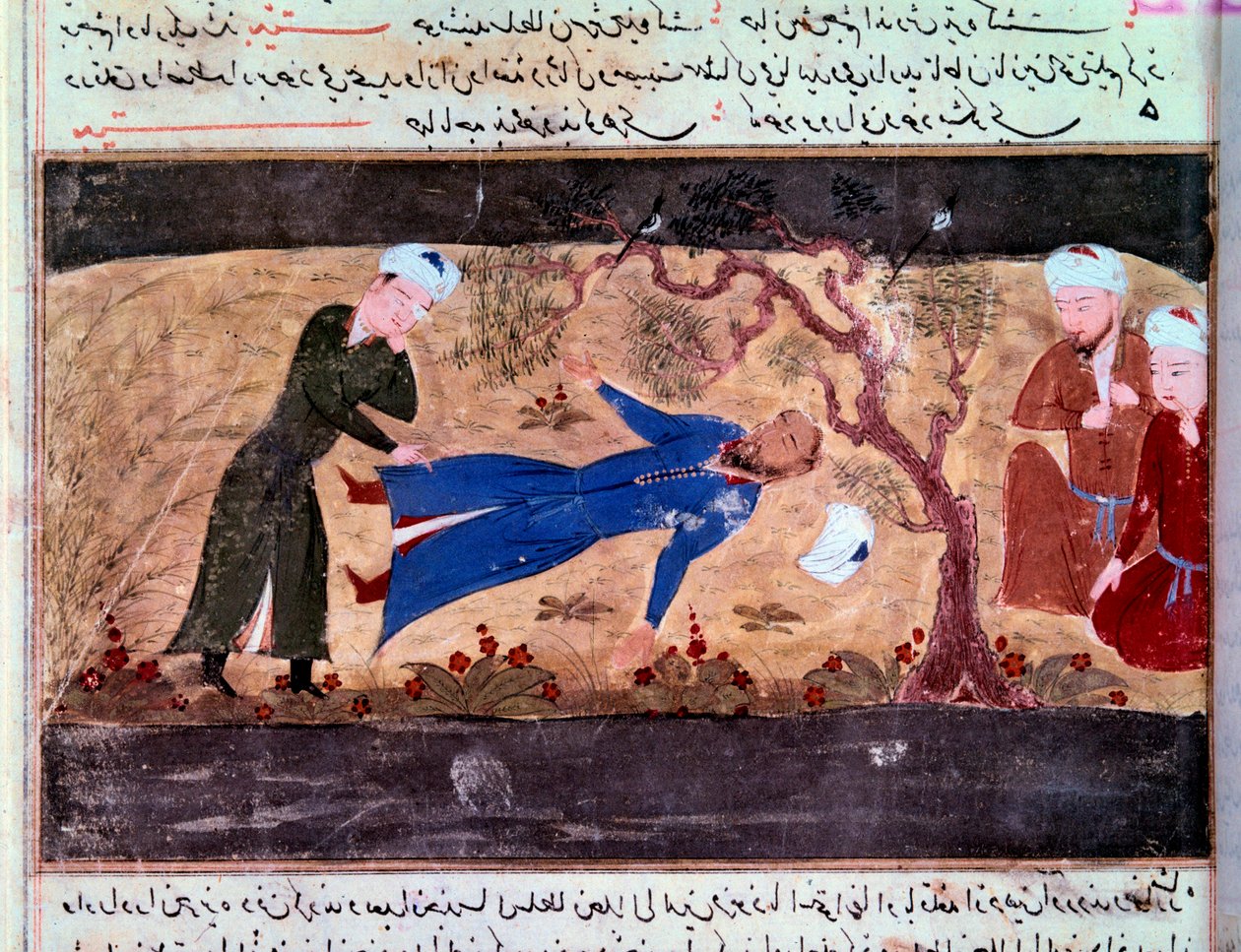 História dos Mongóis: A morte de Muhammad Hwarazmshah. Manuscrito "Sum of Stories (Djame al-tavarikh) (Djame al-tavarikh)" (Folio 60v) por Rachid al-Din Fazl-ollah (Fazl ollah) Hamadani de Persian School