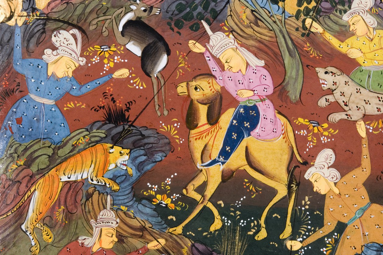 Caçadores montados e a pé matando veados e tigres (aguarela opaca sobre papel) (detalhe de 272916) de Persian School