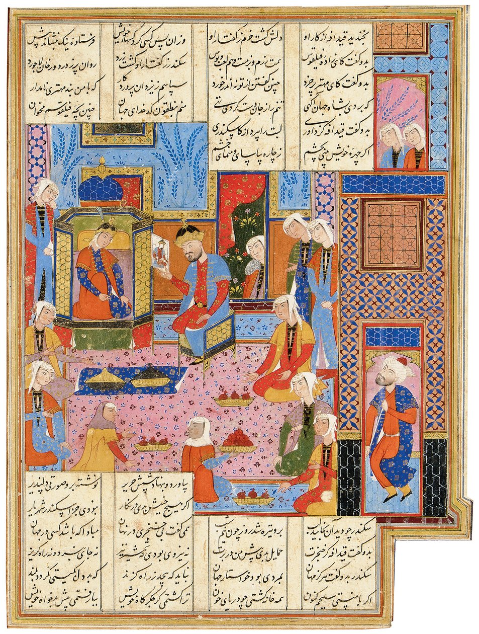 Ilustração de um Safhnid Shahnama: Alexander, disfarçado de enviado, é reconhecido pela rainha Nushaba, Shiraz, Irã, 1650-1700 de Persian School