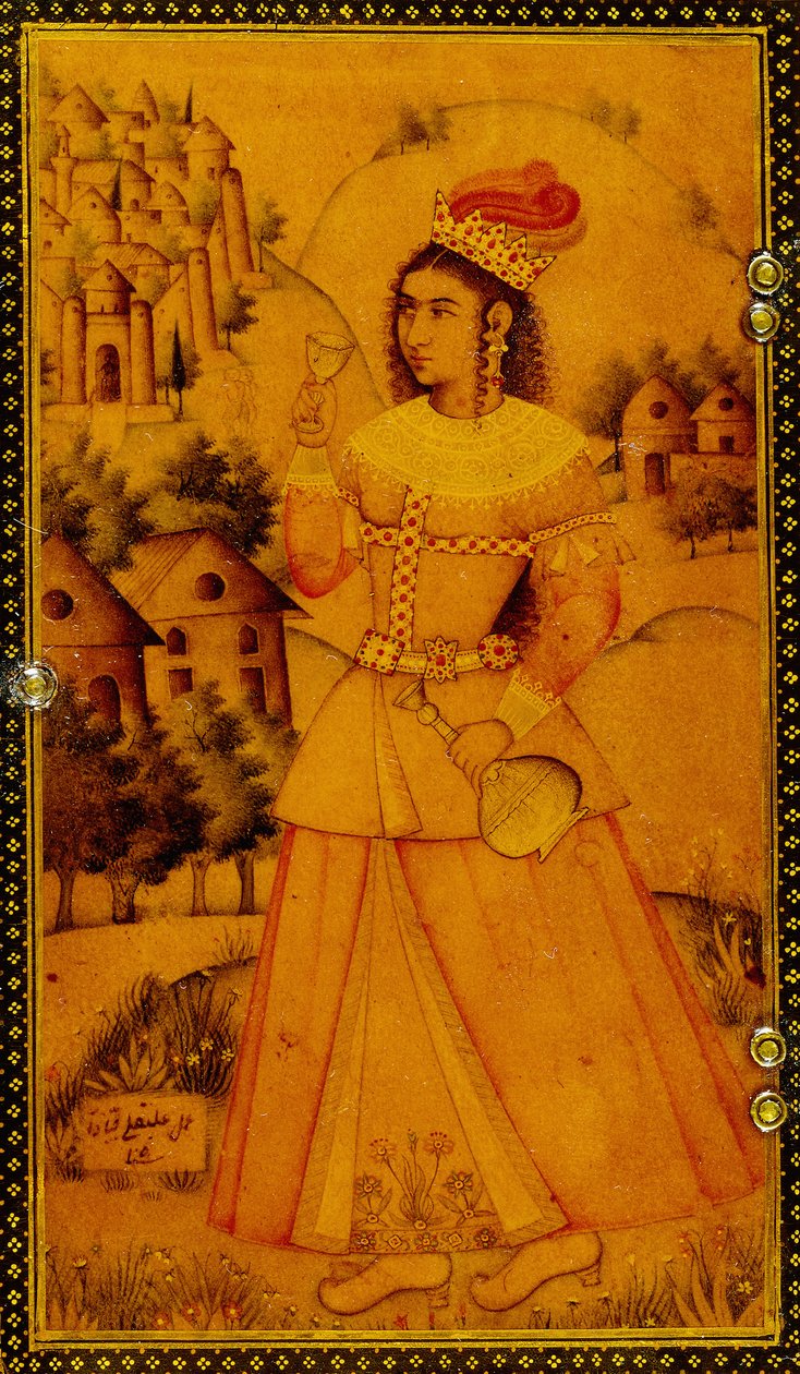 Interior de uma caixa de espelho pintada com uma senhora européia estilizada segurando um copo e uma garrafa de vinho, século XVII de Persian School