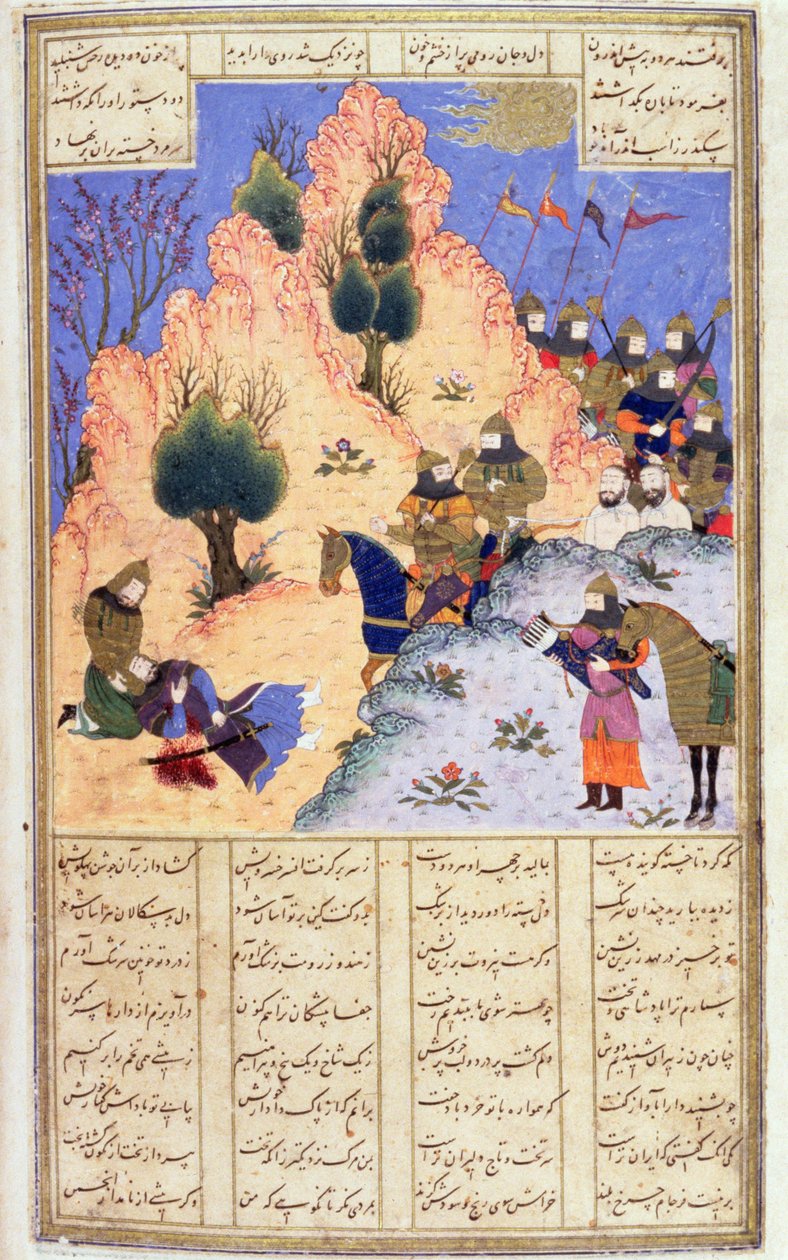 Iskandar Confortando o Dying Dara, de Firdawsis Shanaman, c.1440-45 (caneta, tinta e wc em pergaminho) de Persian School