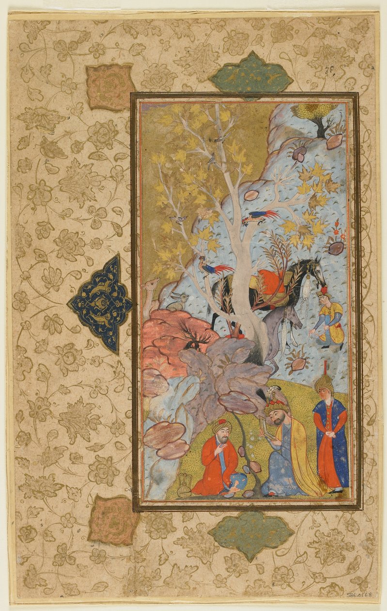 Iskandar visita um eremita, Shiraz, Irã, c.1580-1600 (aguarela opaca, tinta e ouro sobre papel) de Persian School