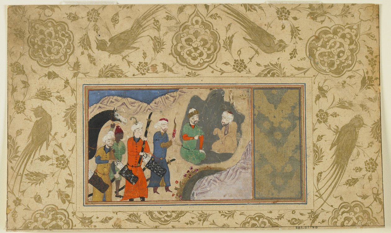 Iskandar visita um eremita, c.1500 (aquarela opaca, tinta e ouro sobre papel) de Persian School