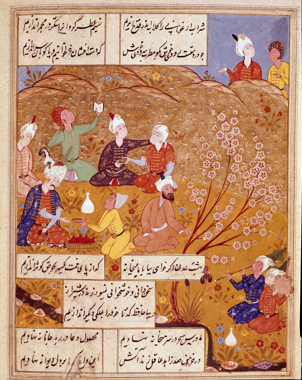 Arte islâmica: "O Lanche do Rei para o País" Miniatura ilustrando os poemas do poeta persa Hafez (Hafiz Shirazi), manuscrito persa. 1554 San Lorenzo de El Escorial, Biblioteca Real do Mosteiro de El Escorial, Madrid de Persian School