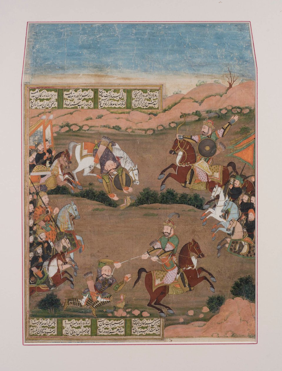 Kay-Khusrau atira em Qara Khan, do Shahnama (guache sobre papel, enfeite de ouro) de Persian School