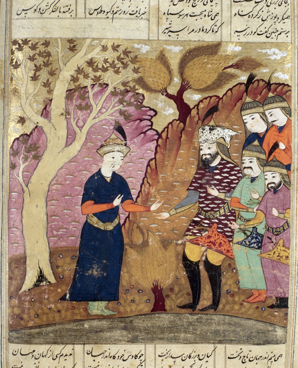 Cavaleiros que encontram o Kawus caído, ilustração do Shahnama (livro dos reis) por Abul-Qasim Manur Firdawsi (c.934-c.1020) 1619 de Persian School