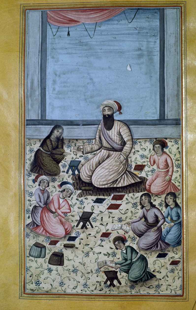Escola elementar corânica (escola primária) na Pérsia do século XIX. Miniatura persa de Persian School