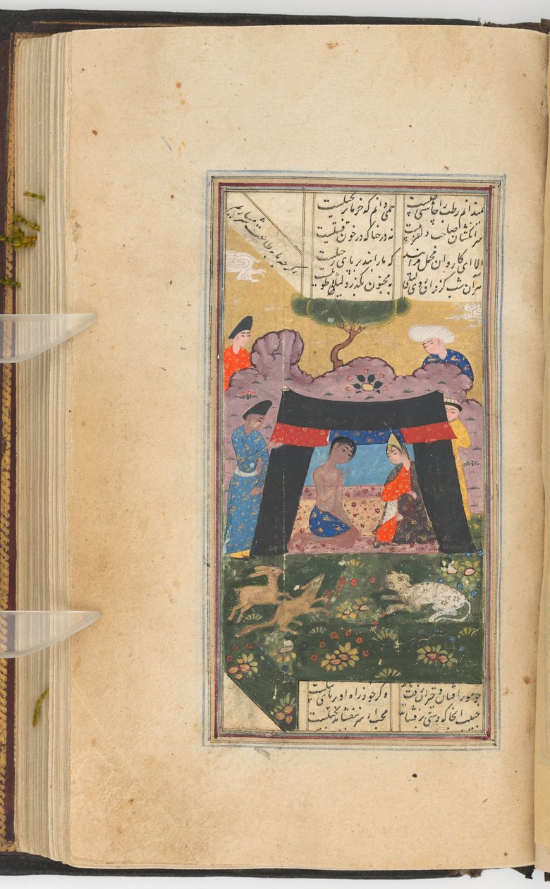 Layla e Majnun in A Tent (pintura recto; texto verso do fólio 205), pintura de um manuscrito do Kulliyat de Sa