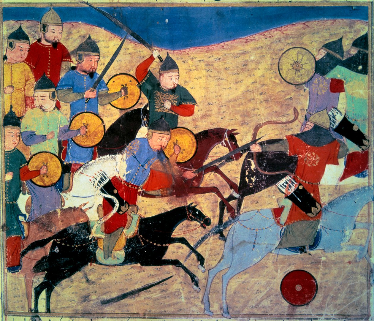 Vazamento de Noqai (Kara Nogai Khan (Noghai, Noqai, Nokhai, Nogay, bisneto de Genghis Khan, morreu em 1299). Cavaleiros Mongóis. Manuscrito persa pintado "Sum of Stories (Djame al-tavarikh) (Djame al-tavarikh)" (Folio 155v), escrito por Rachid al-Din Fazl de Persian School