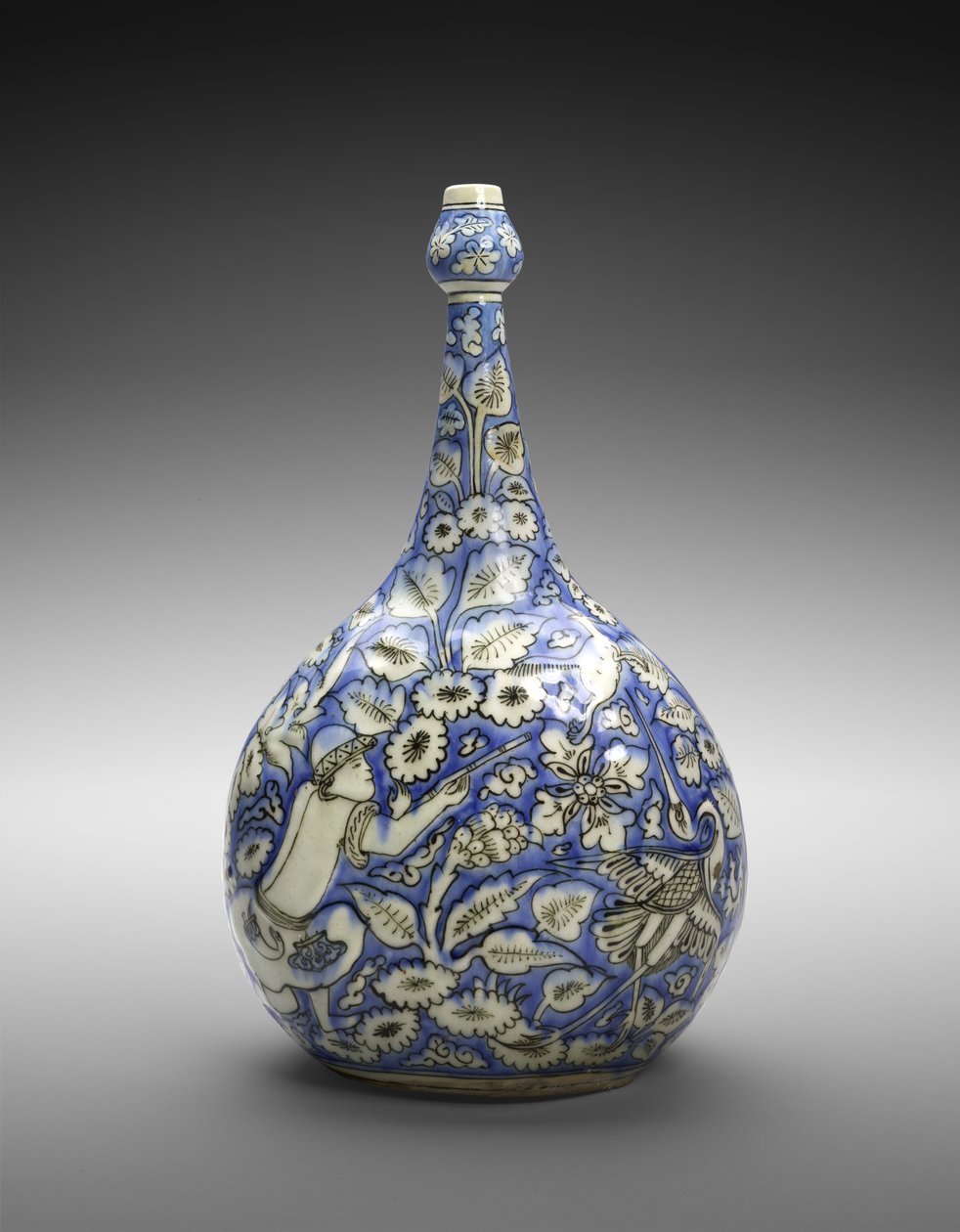 Garrafa com lóbulos com figuras e flores, meados do século 17 (lustreware com esmaltes opacos brancos e azuis cobalto) de Persian School