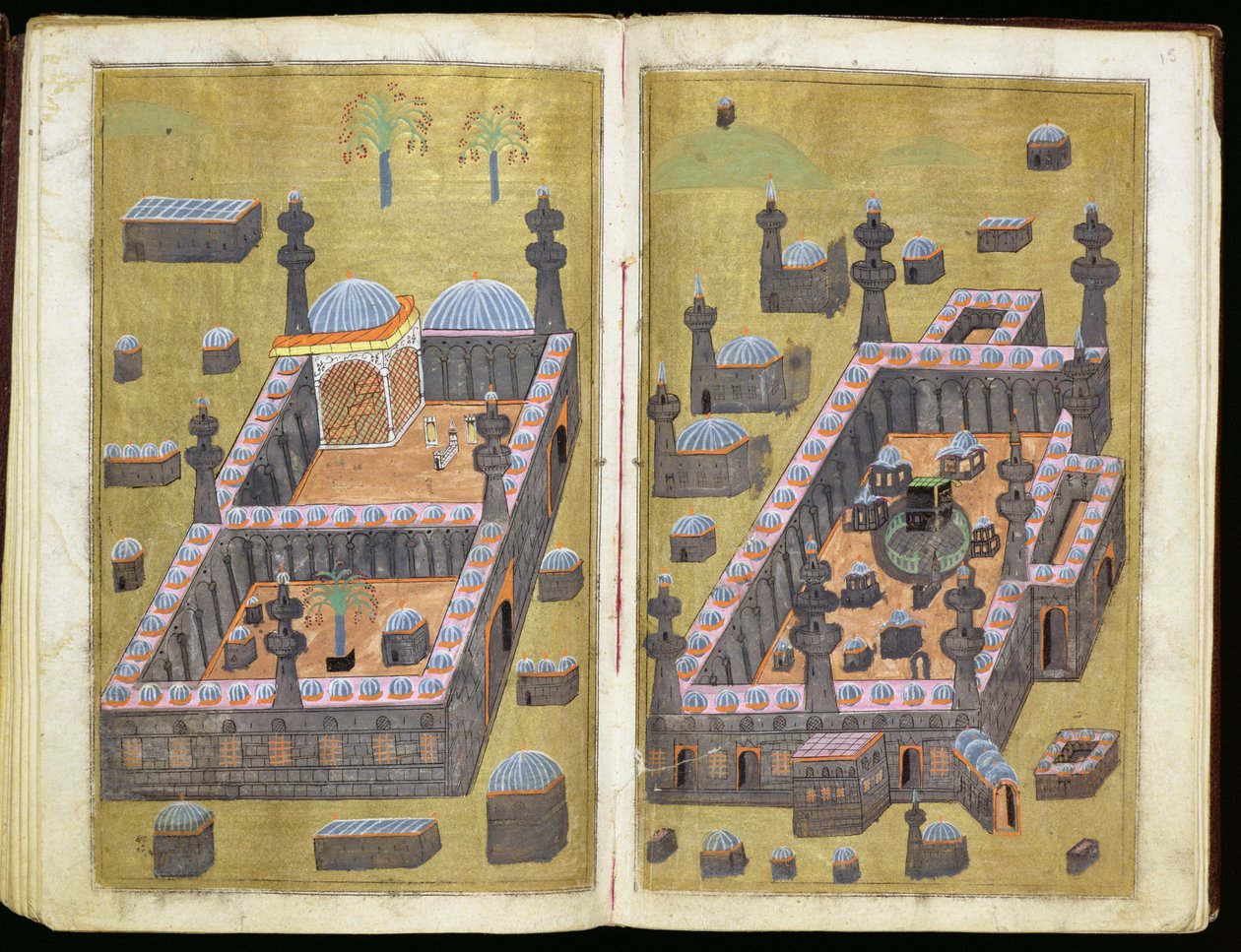 MS.343.f15v-16r As mesquitas de Medina e Meca, de "Razões para a caridade", de Mustafa Al-Shukri, 1160 de Persian School