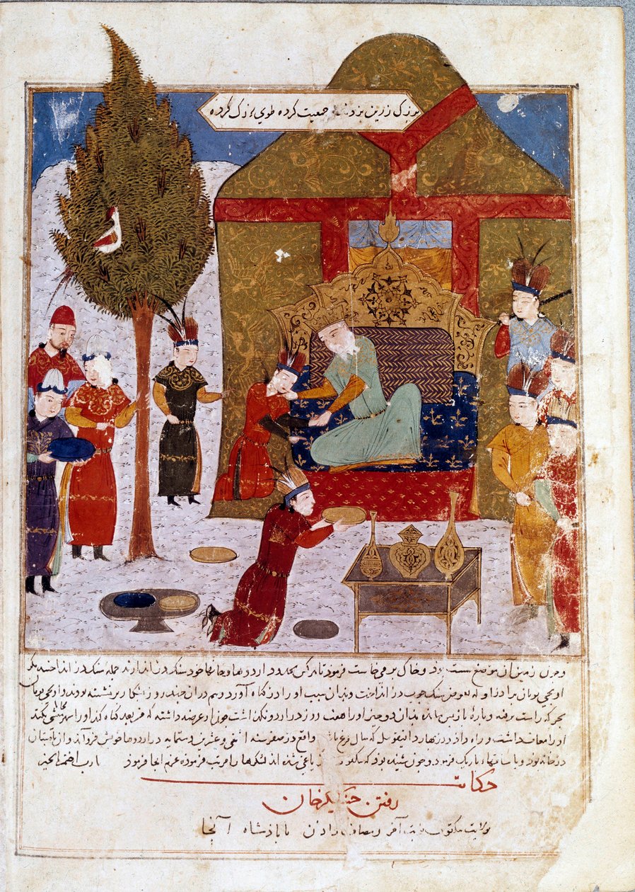 Imperador Mongol Genghis Khan (1167-1227) em seu trono num acampamento perto de Ilmil com seus netos Quibalai e Hule Gu miniatura persa tirada de Jami al-Tawarikh (Jami al tawarikh) (História do Império Mongol) por Rashid al-Din (al Din) (B.1247-1318) de Persian School