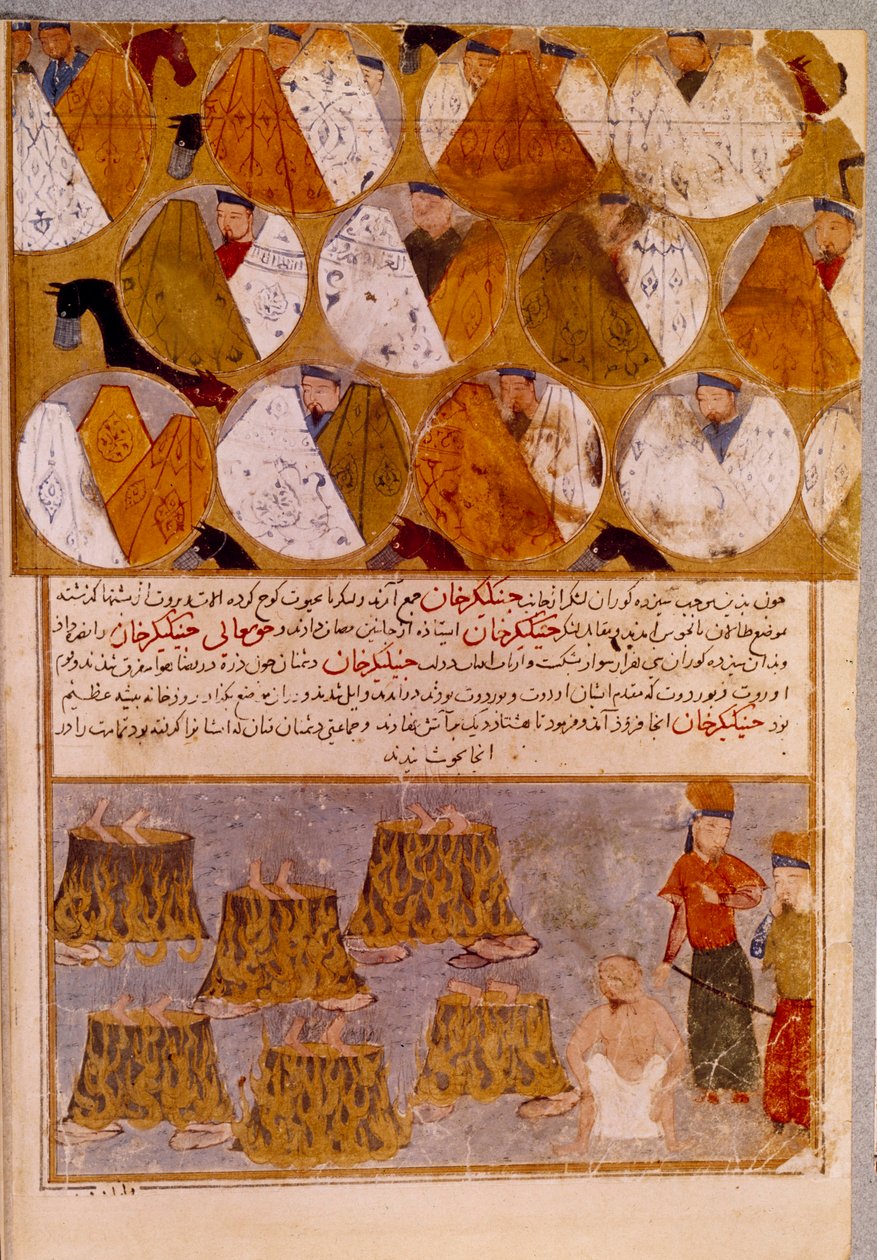 Tendas Mongóis e prisioneiros de Genghis Khan (1162-1227): Genghis Khan tem os seguidores de Djamuqua, um mongol da tribo Jadjirat atirado para os caldeirões. Miniatura persa tirada de "Jami al-tawarikh" (Jami al tawarikh) ou "História Universal". de Persian School